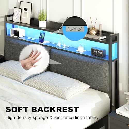 King Size Upholstered Headboard with Storage, Outlets, USB Ports and LED Light W69083