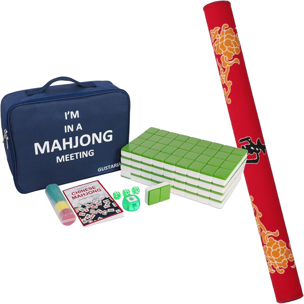 1.65'' Large Size 146 Green Tiles Mahjong Set with Blue Carrying Bag Q4271