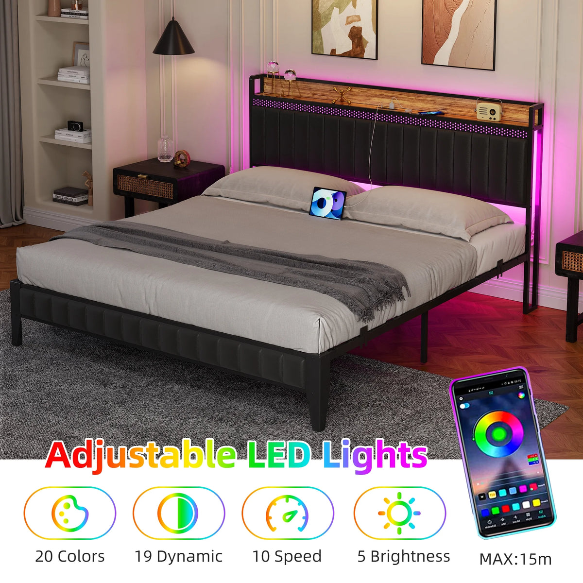 Black Upholstered Platform Bed Frame with Storage Headboard Q10629