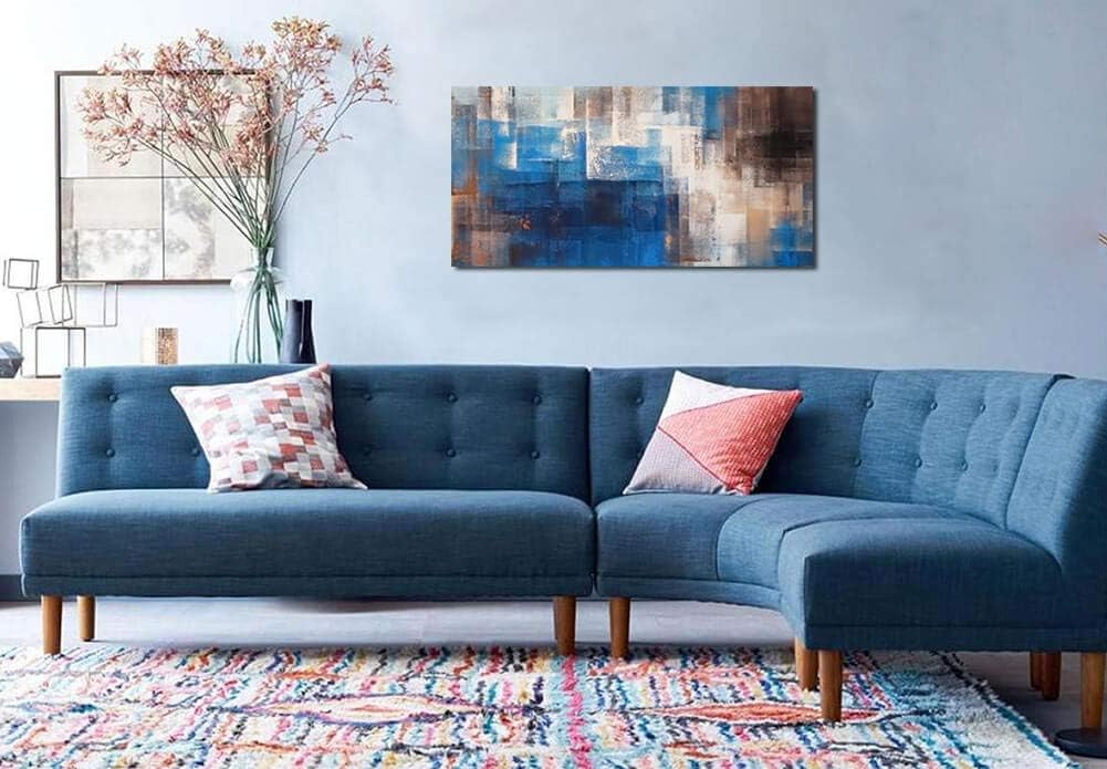 Blue Gray Brown Abstract Framed Canvas Artwork 20X40in S5859