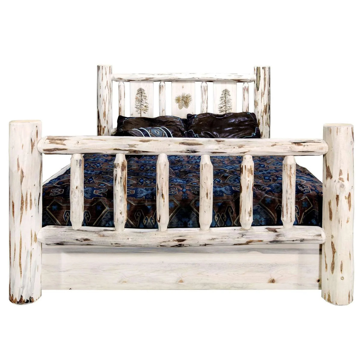 Wood Twin Storage Bed with Laser Engraved Pine in Natural J46731