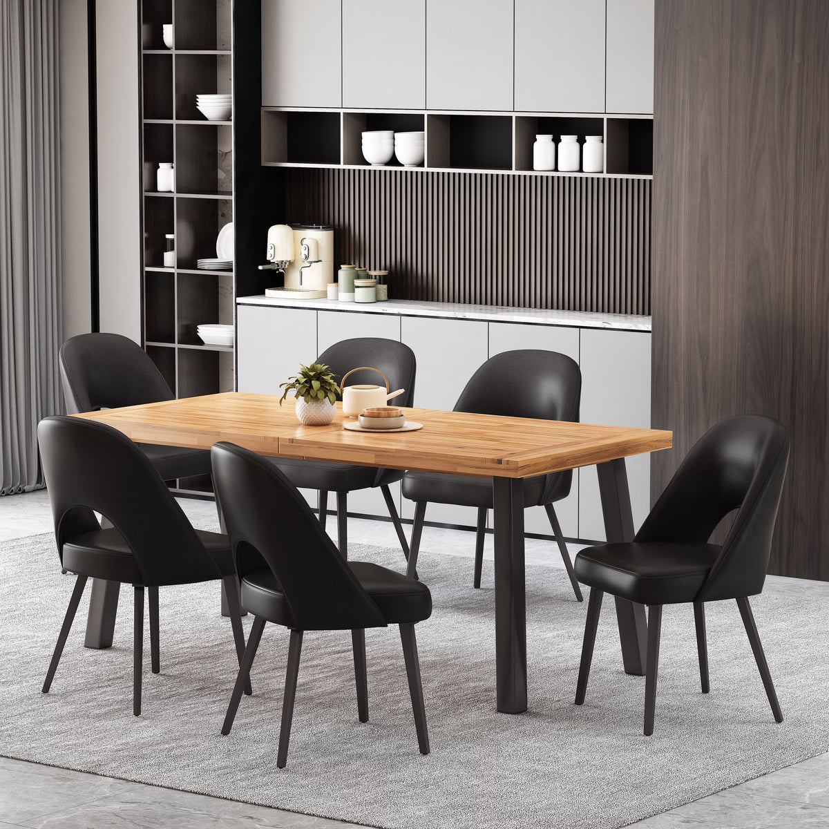 7 Piece Faux Leather Metal Wood Dining Set O346767