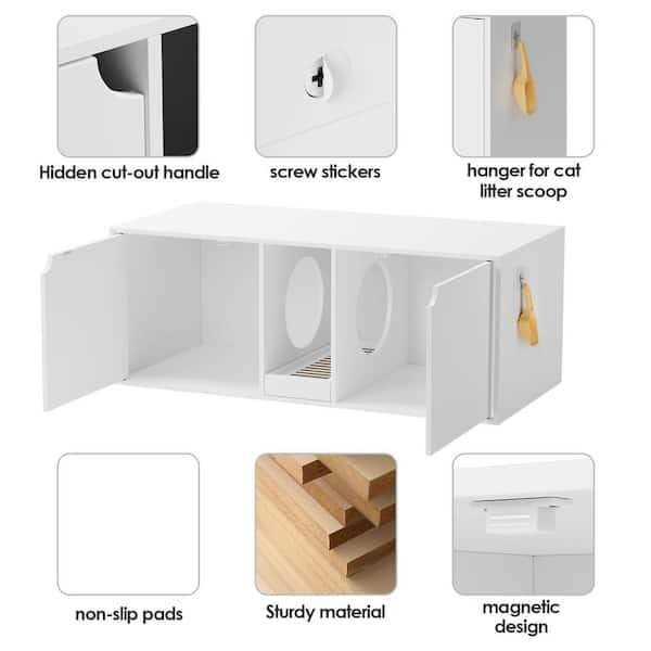 White Wood Side End Table Cat Litter Box with Double Room U906877