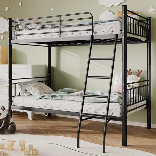 Twin Over Twin Heavy Duty Metal Bunk Bed with Ladder and Guardrail L73033