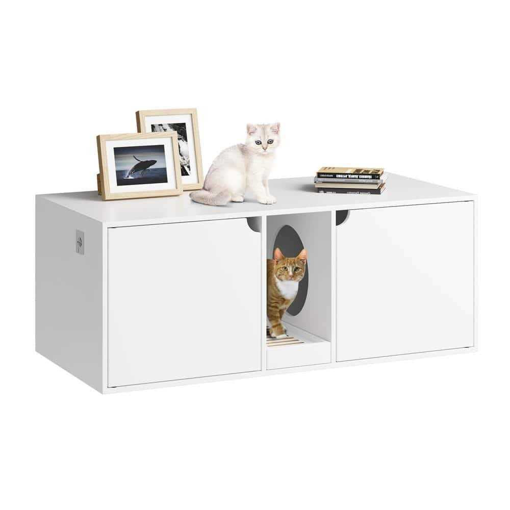 White Wood Side End Table Cat Litter Box with Double Room U906877