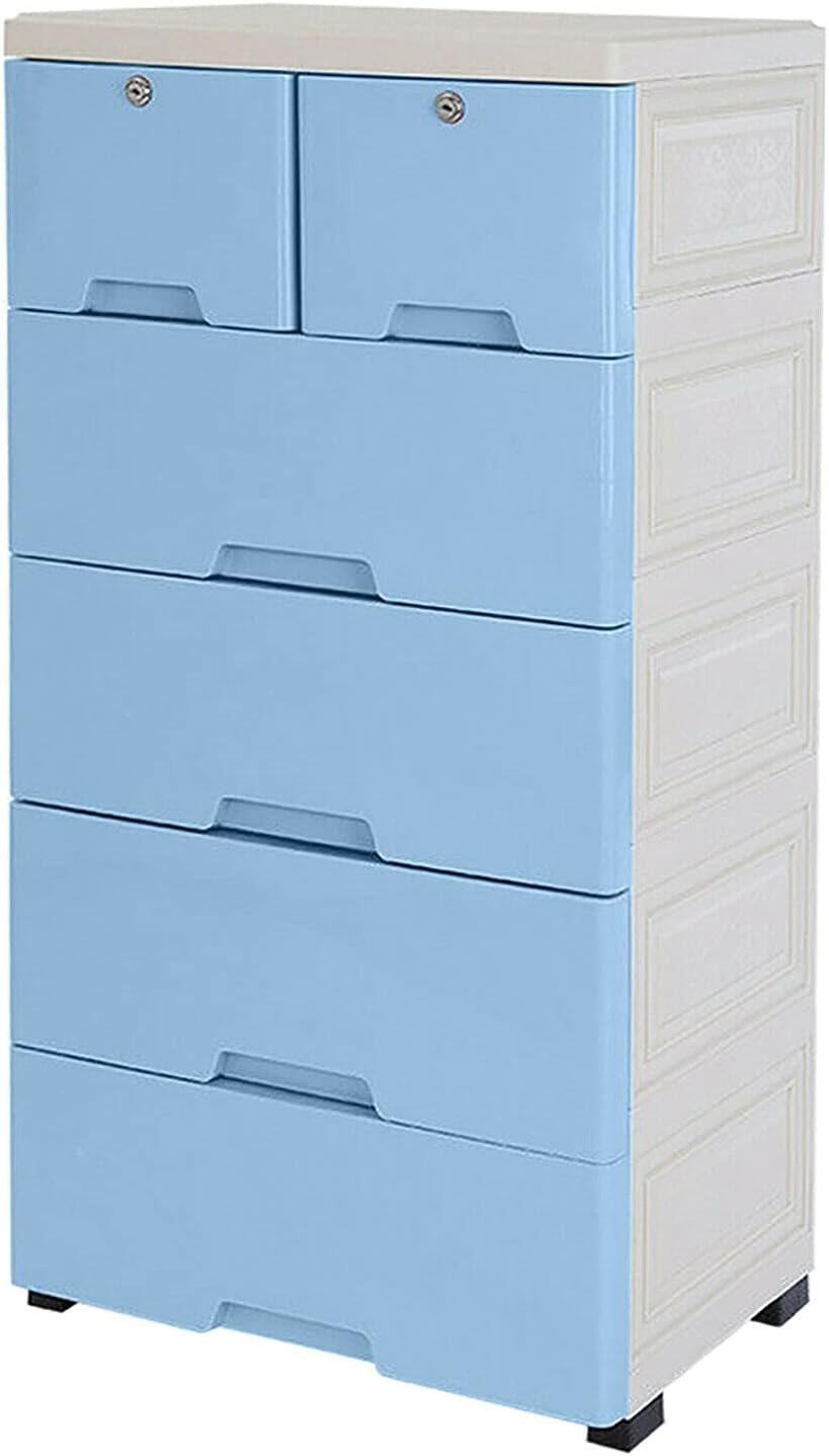 6 Drawer Plastic Dresser Storage with 4 Wheels and 2 Small Cabinets (Blue) N767045