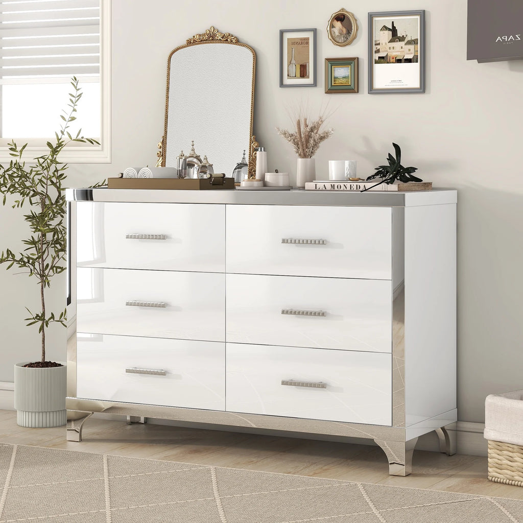 High Gloss White 6 Drawer Mirrored Dresser K559936