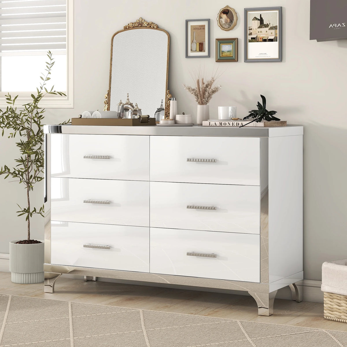 High Gloss White 6 Drawer Mirrored Dresser K559936