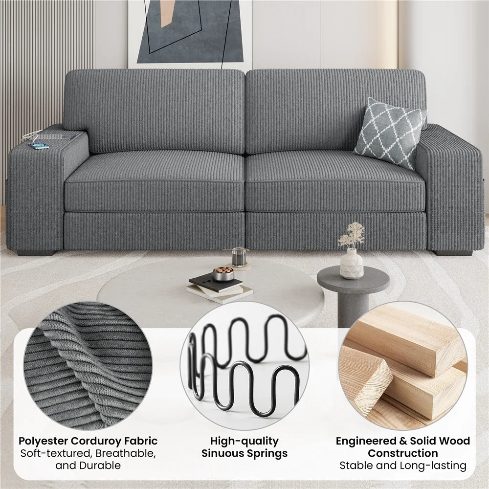 83.5'' W 2-Seater Corduroy Fabric Sofa Couch with USB Charging Ports, Ivory T301381