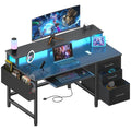 Rustic Brown Computer Desk with File Drawers Cabinet, Keyboard Tray, LED Lights and Power Outlets, Monitor Stand D856