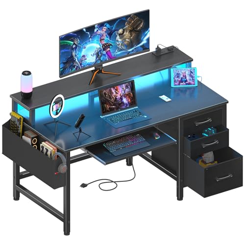 Rustic Brown Computer Desk with File Drawers Cabinet, Keyboard Tray, LED Lights and Power Outlets, Monitor Stand D856