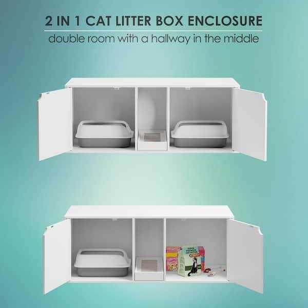 White Wood Side End Table Cat Litter Box with Double Room U906877