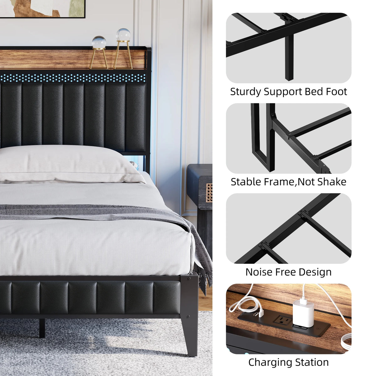 Black Upholstered Platform Bed Frame with Storage Headboard Q10629