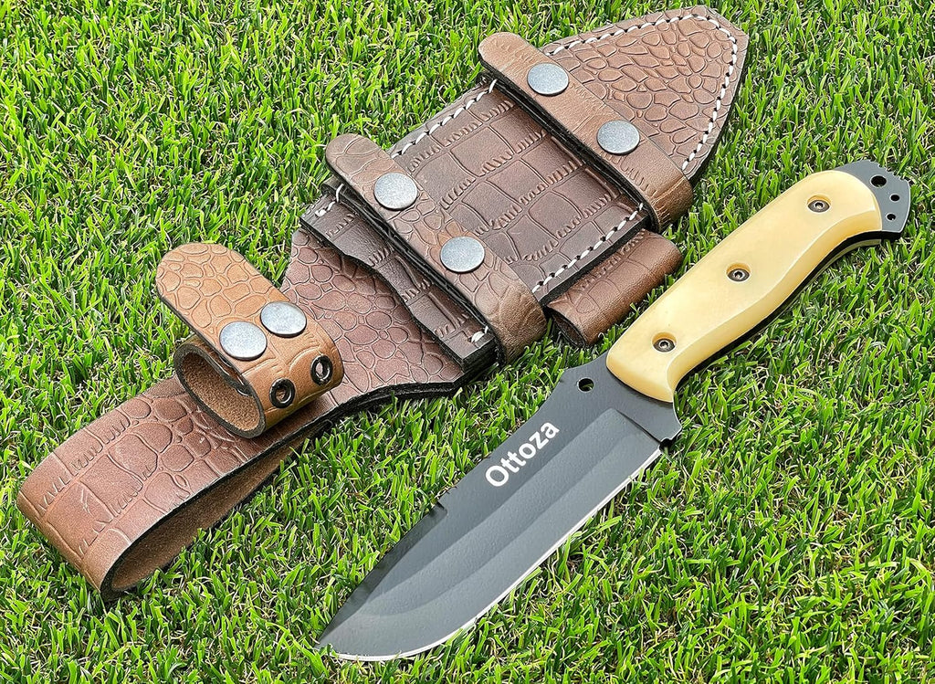 1095 Carbon Steel Bushcraft Knife with Bone Handle and Sheath O9829