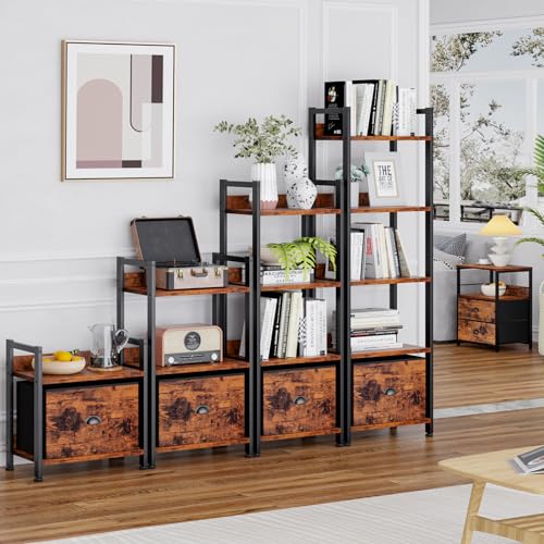 Black 5 Tier Bookshelf with Drawer, Tall Narrow Bookcase, Wood and Metal X7700