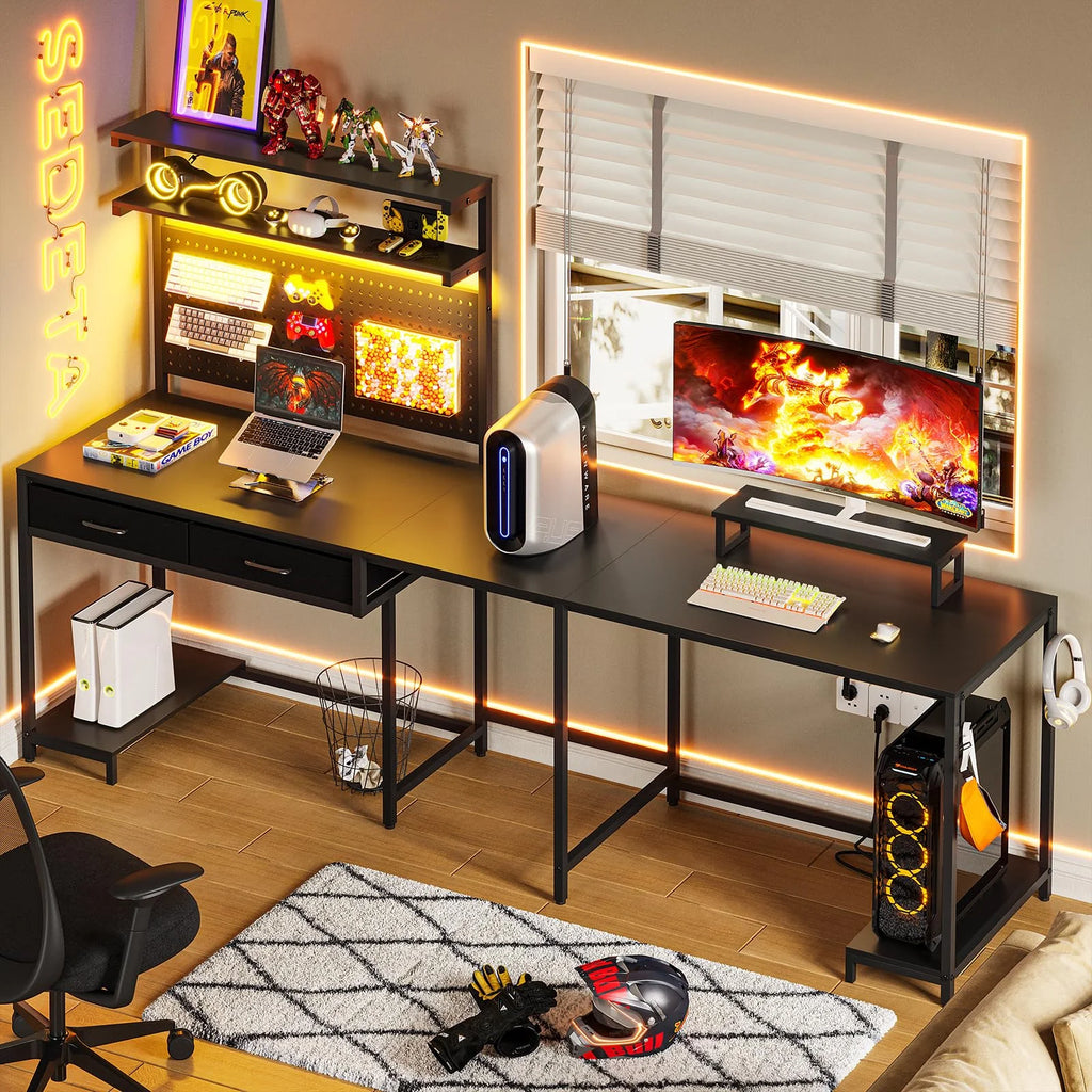 Black Reversible L-Shaped Computer Desk with Hutch and Drawers P388389