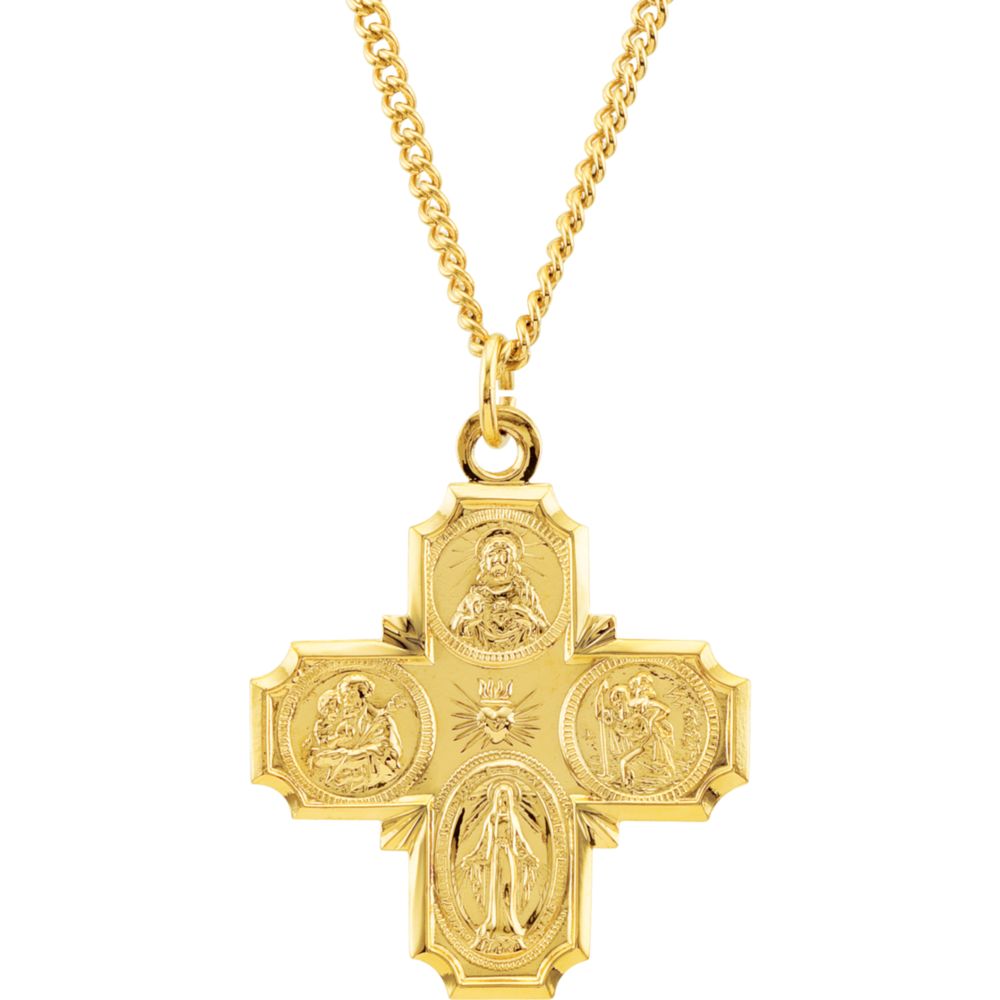 24k Gold Plated 29x29mm Polished Cross Medal Pendant Necklace With 24 Inch Chain E3952
