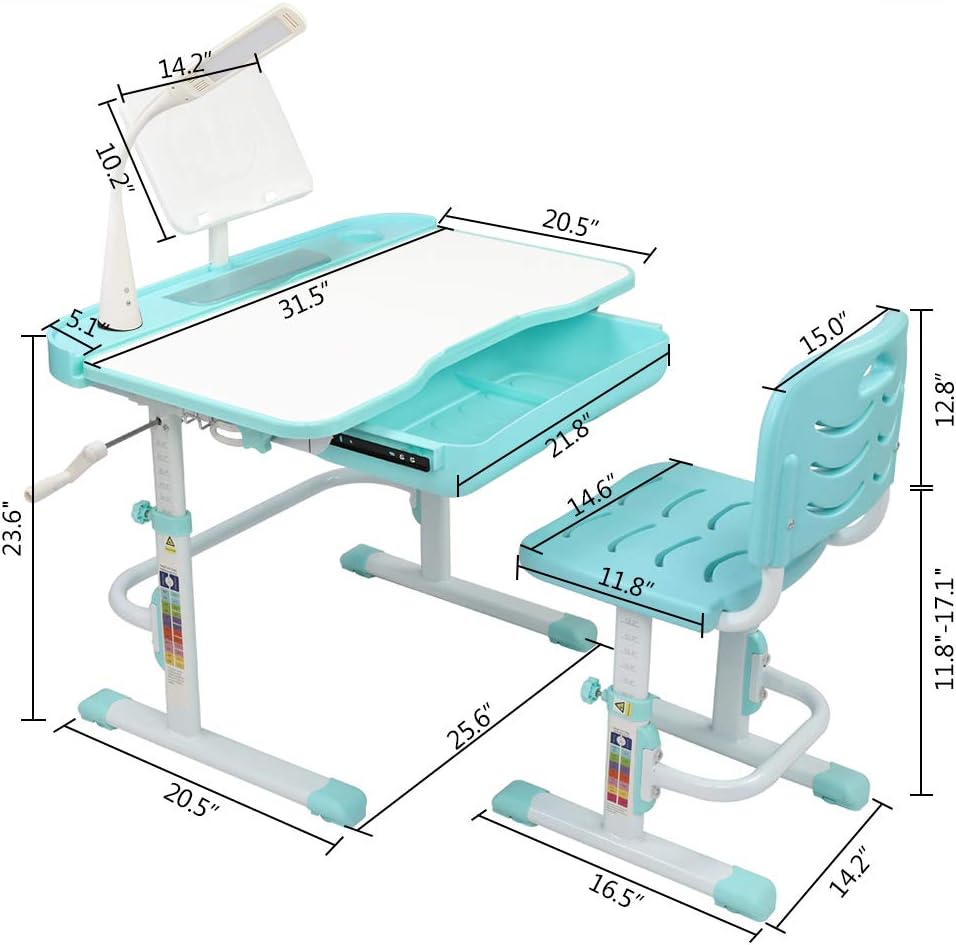 Blue-Green Children Learning Table and Chair with Desk Lamp F56728