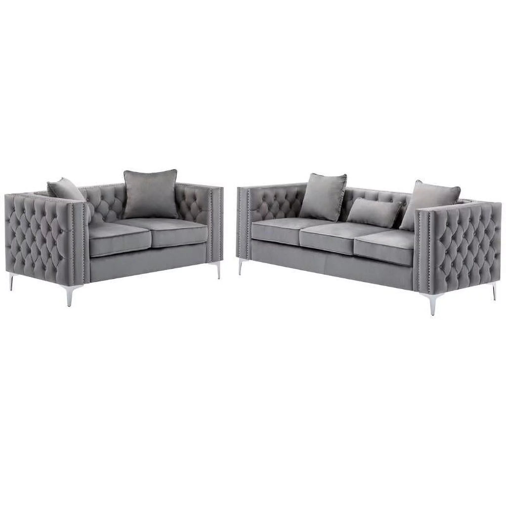 Velvet Sofa Set with Loveseat and Sofa in Gray T688