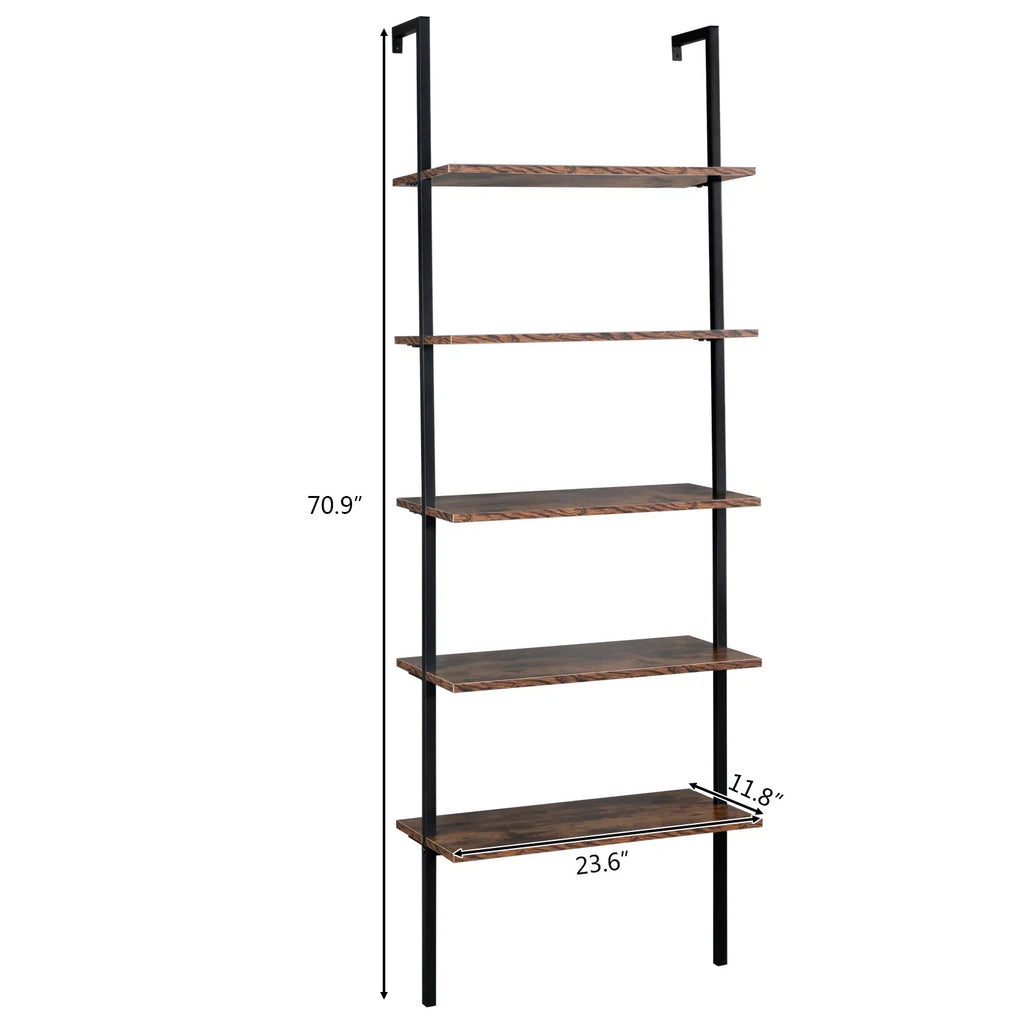 5 Tier Wall Mounted Ladder Shelf with Metal Frame and Wood Shelf Y195721