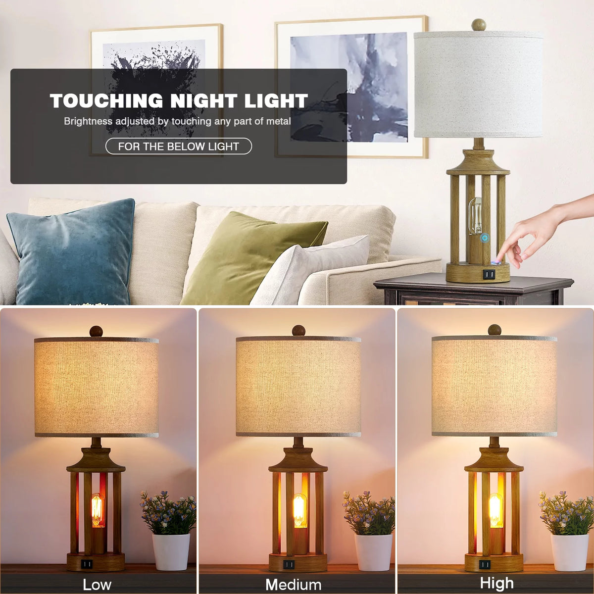 3 Way Dimmable Touch Control Table Lamps Set of 2 with USB Ports N103012