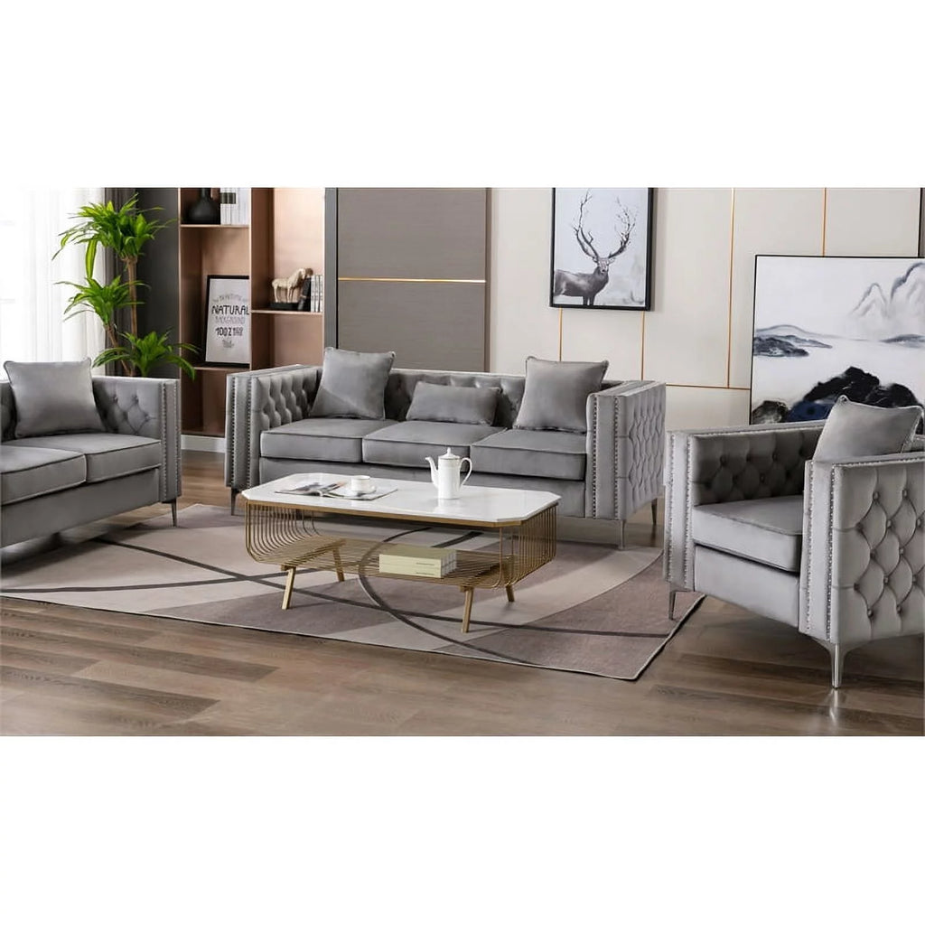 Velvet Sofa Set with Loveseat and Sofa in Gray T688