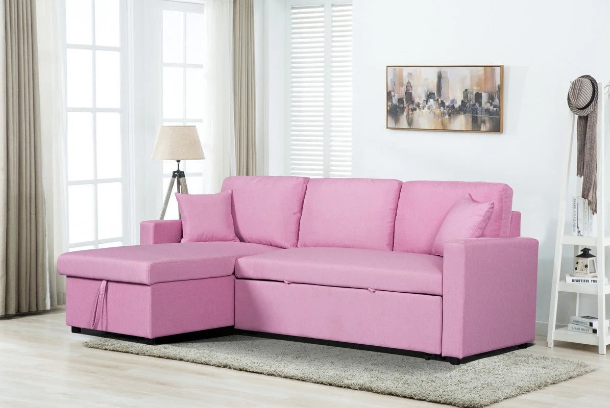 Pink Linen Reversible Sleeper Sectional Sofa with Storage Z3039