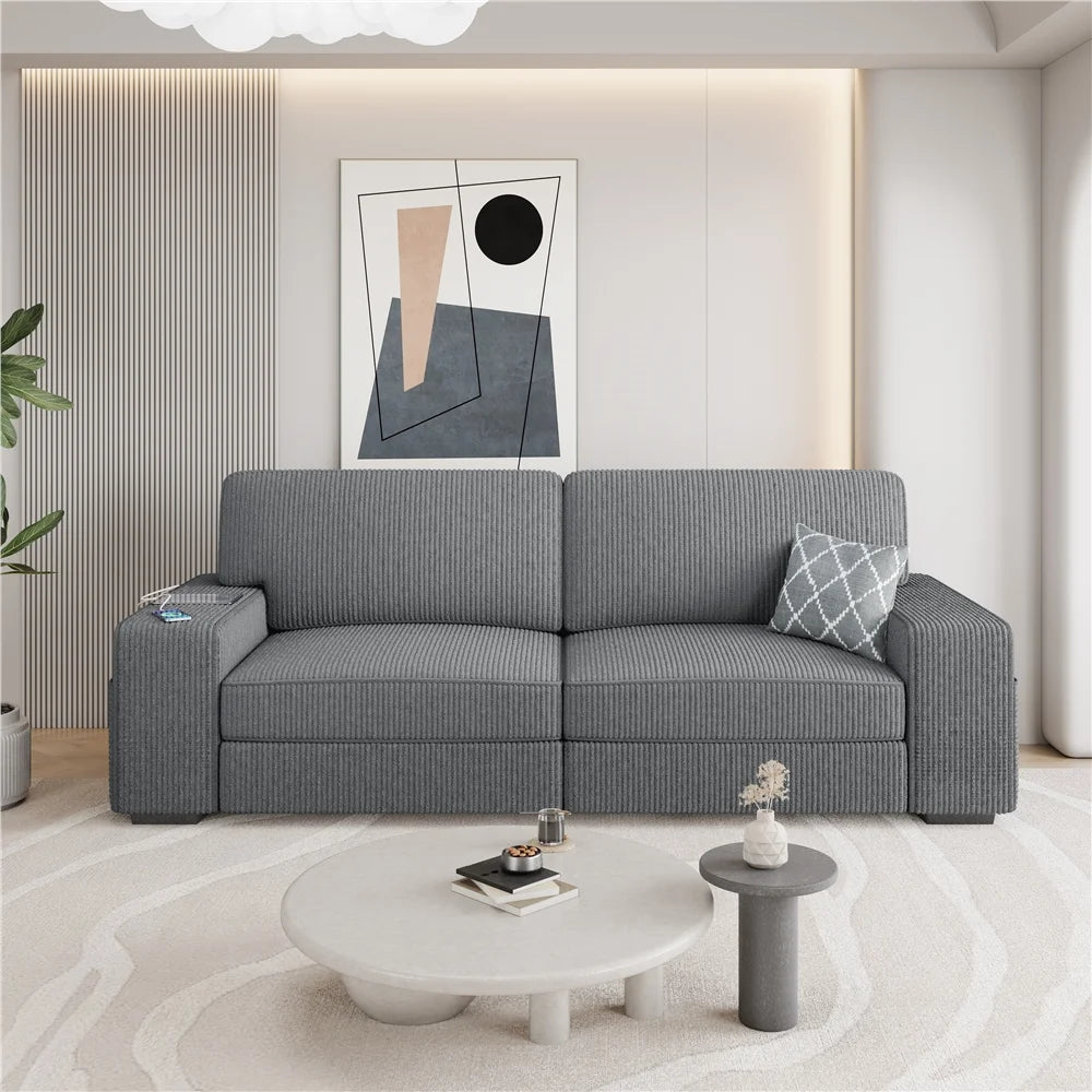 83.5'' W 2-Seater Corduroy Fabric Sofa Couch with USB Charging Ports, Ivory T301381
