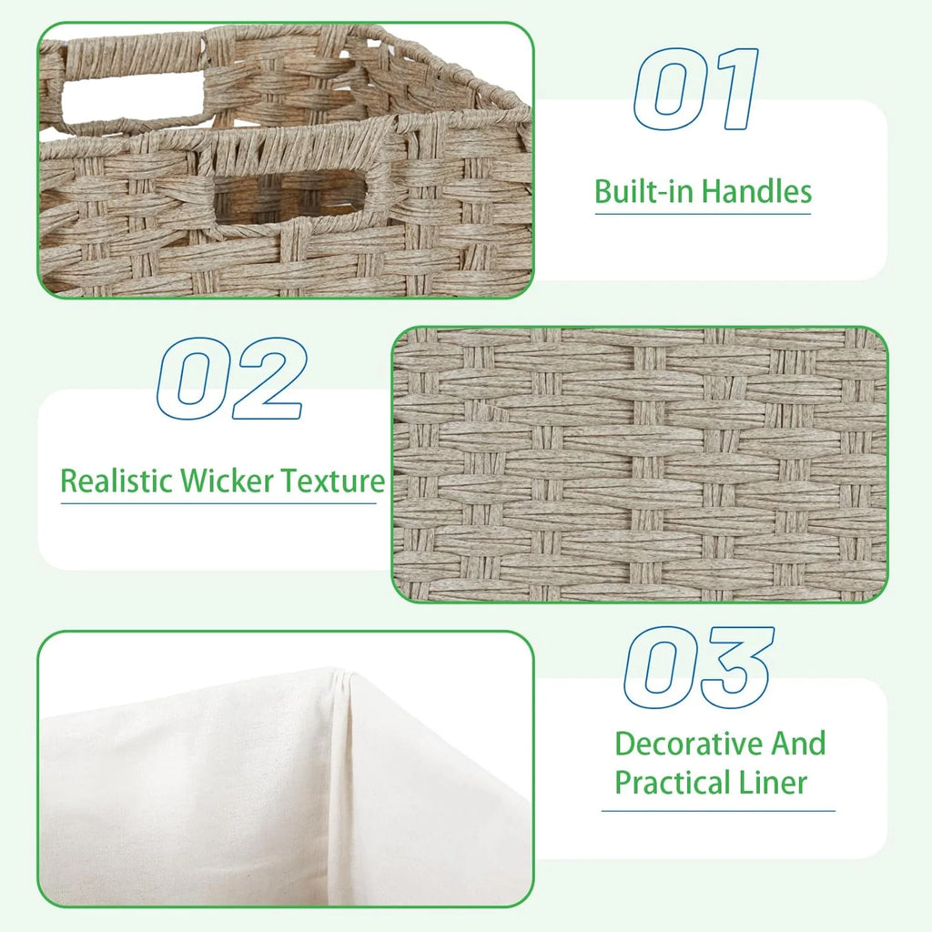 4-Pack Hand-Woven Imitation Wicker Cube Storage Bins with Liners Greyish Beige L74233