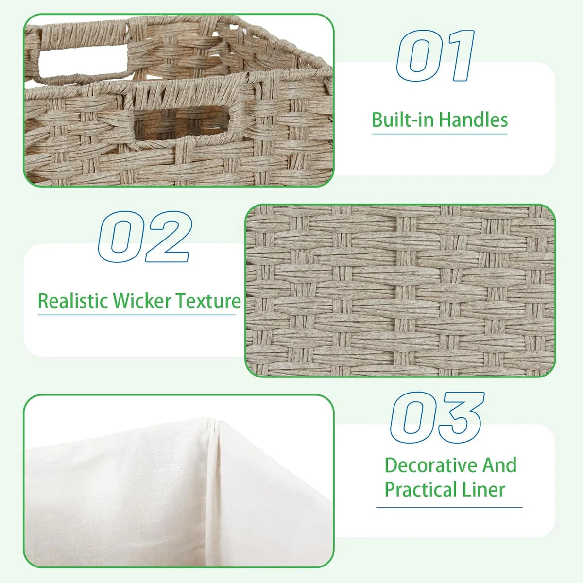 4-Pack Hand-Woven Imitation Wicker Cube Storage Bins with Liners Greyish Beige L74233