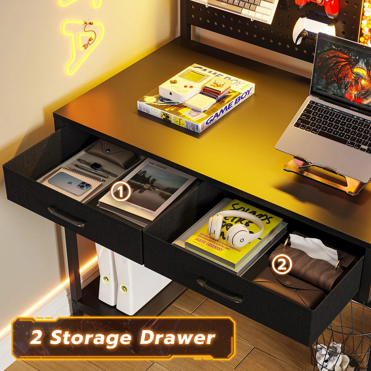 Black Reversible L-Shaped Computer Desk with Hutch and Drawers P388389