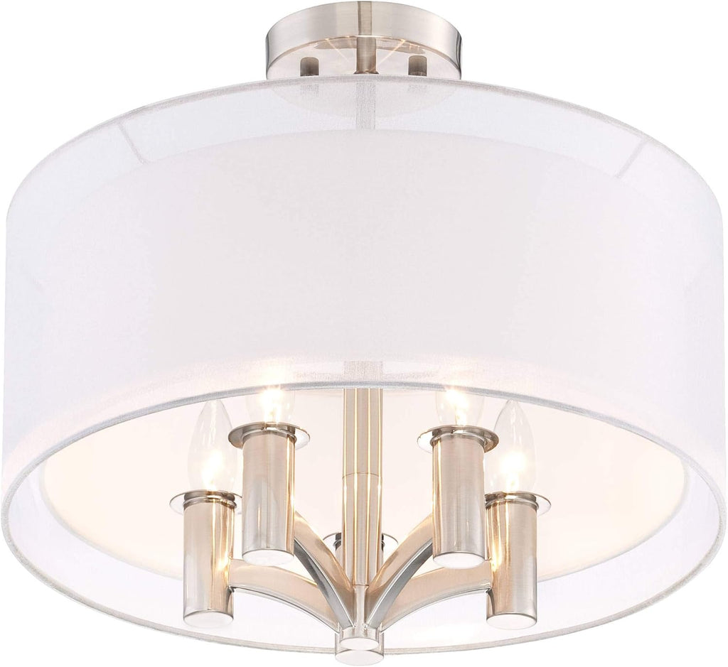 Semi Flush Mount Ceiling Light Brushed Nickel 18 Wide 5-Light White Linen Double Drum Shade G798