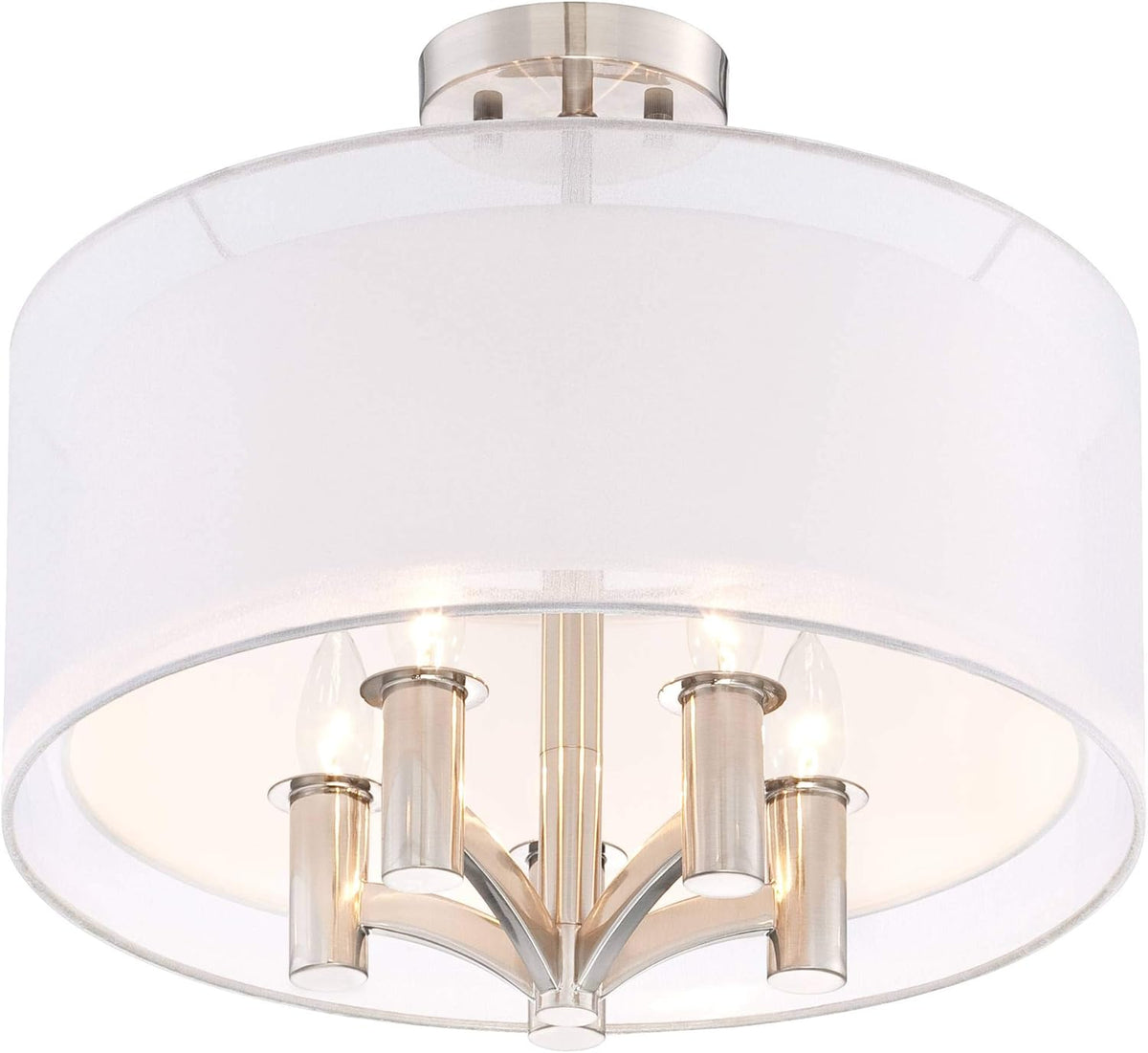 Semi Flush Mount Ceiling Light Brushed Nickel 18 Wide 5-Light White Linen Double Drum Shade G798