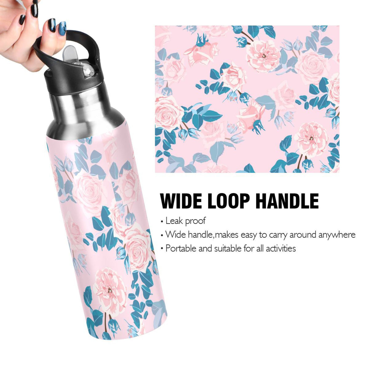 Pink Roses Flower Blue Stainless Steel Insulated Water Bottle with Straw Lid W3490