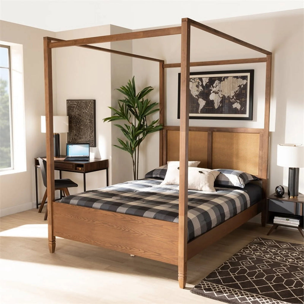 Brown Finished Wood Queen Size Canopy Bed U794201