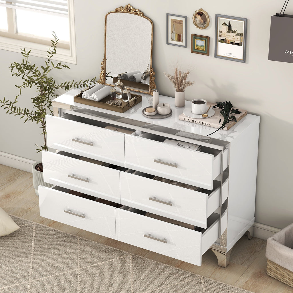 High Gloss White 6 Drawer Mirrored Dresser K559936