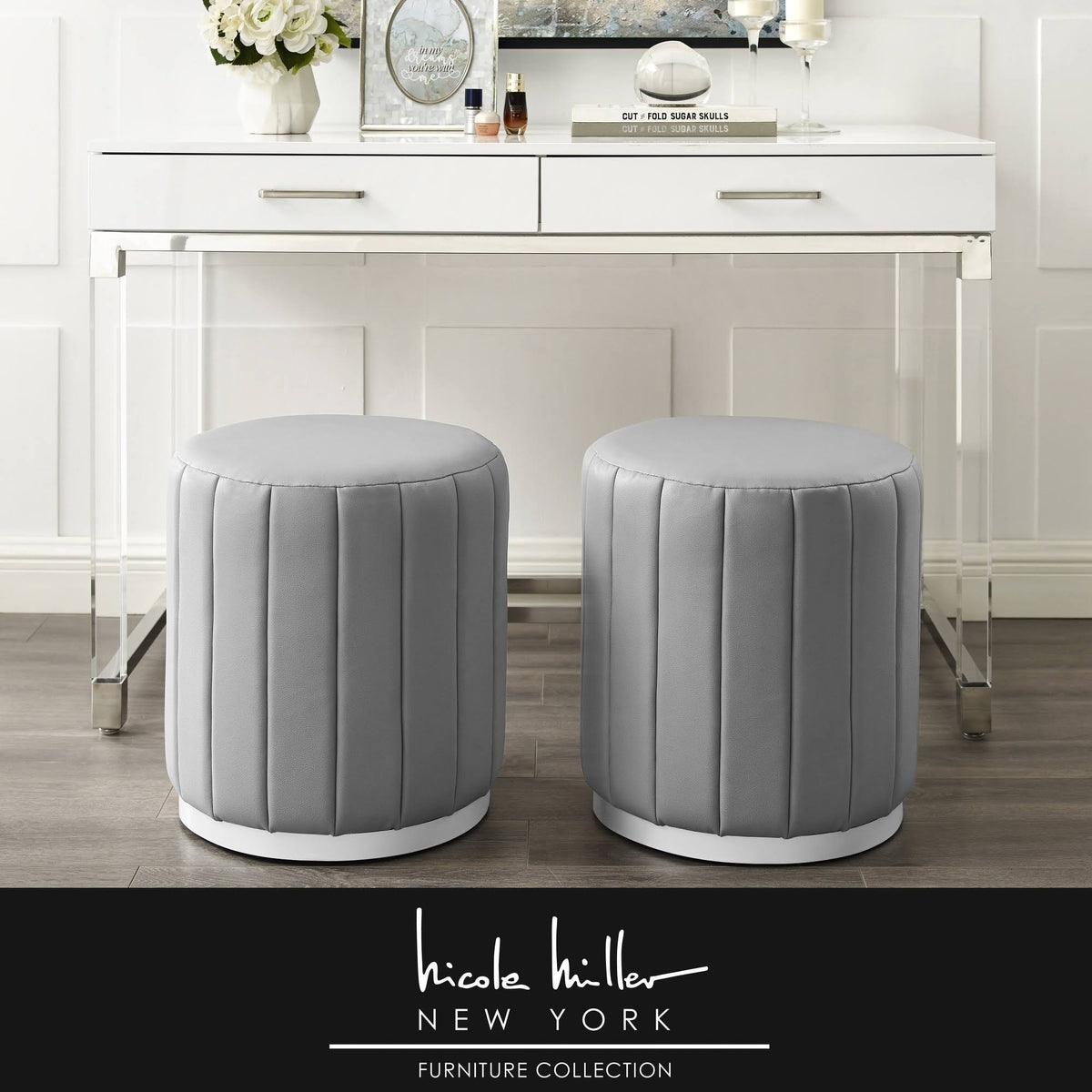 Grey/Silver Leather Round Ottoman B5112
