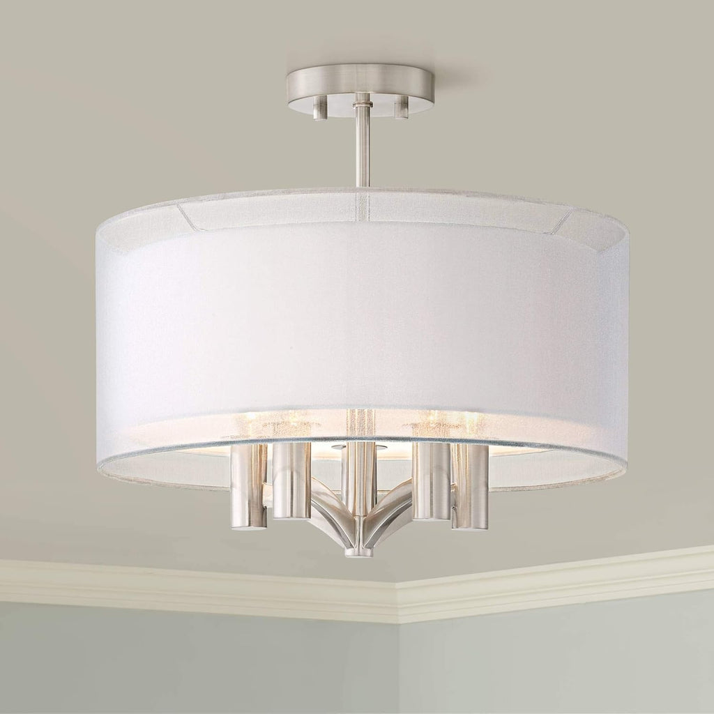 Semi Flush Mount Ceiling Light Brushed Nickel 18 Wide 5-Light White Linen Double Drum Shade G798