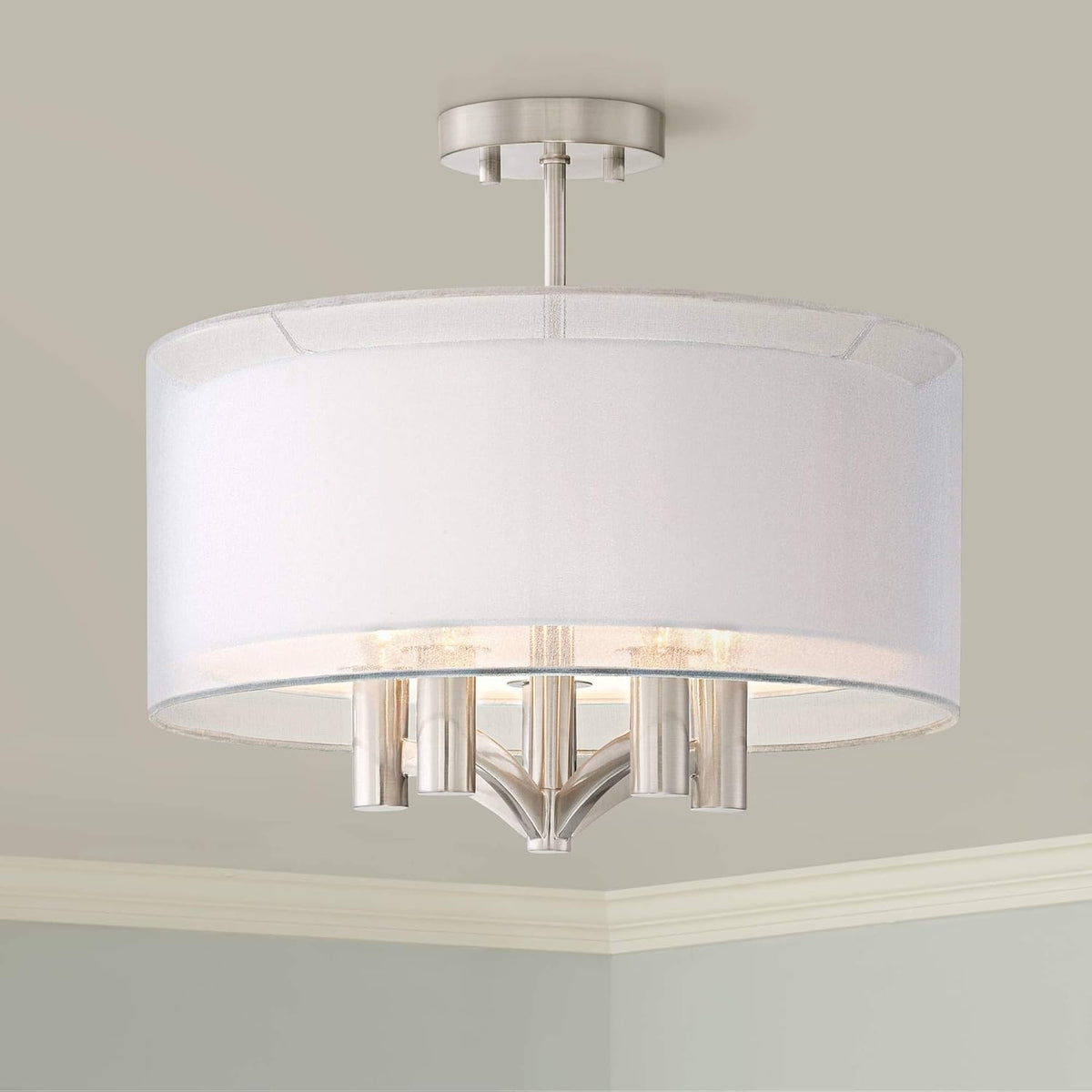 Semi Flush Mount Ceiling Light Brushed Nickel 18 Wide 5-Light White Linen Double Drum Shade G798
