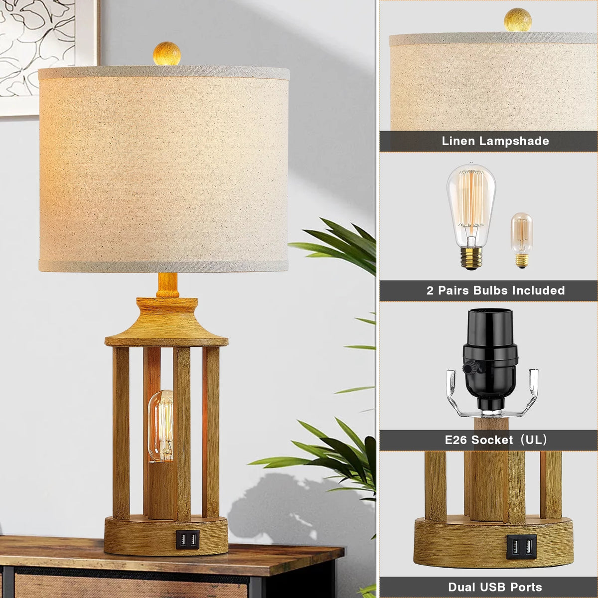 3 Way Dimmable Touch Control Table Lamps Set of 2 with USB Ports N103012