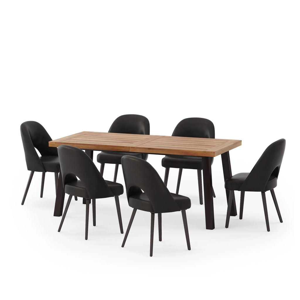 7 Piece Faux Leather Metal Wood Dining Set O346767