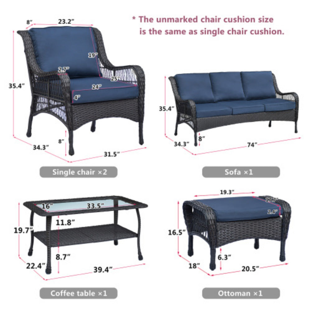 6-Piece Rattan Outdoor Conversation Set Navy Blue Metal K46337