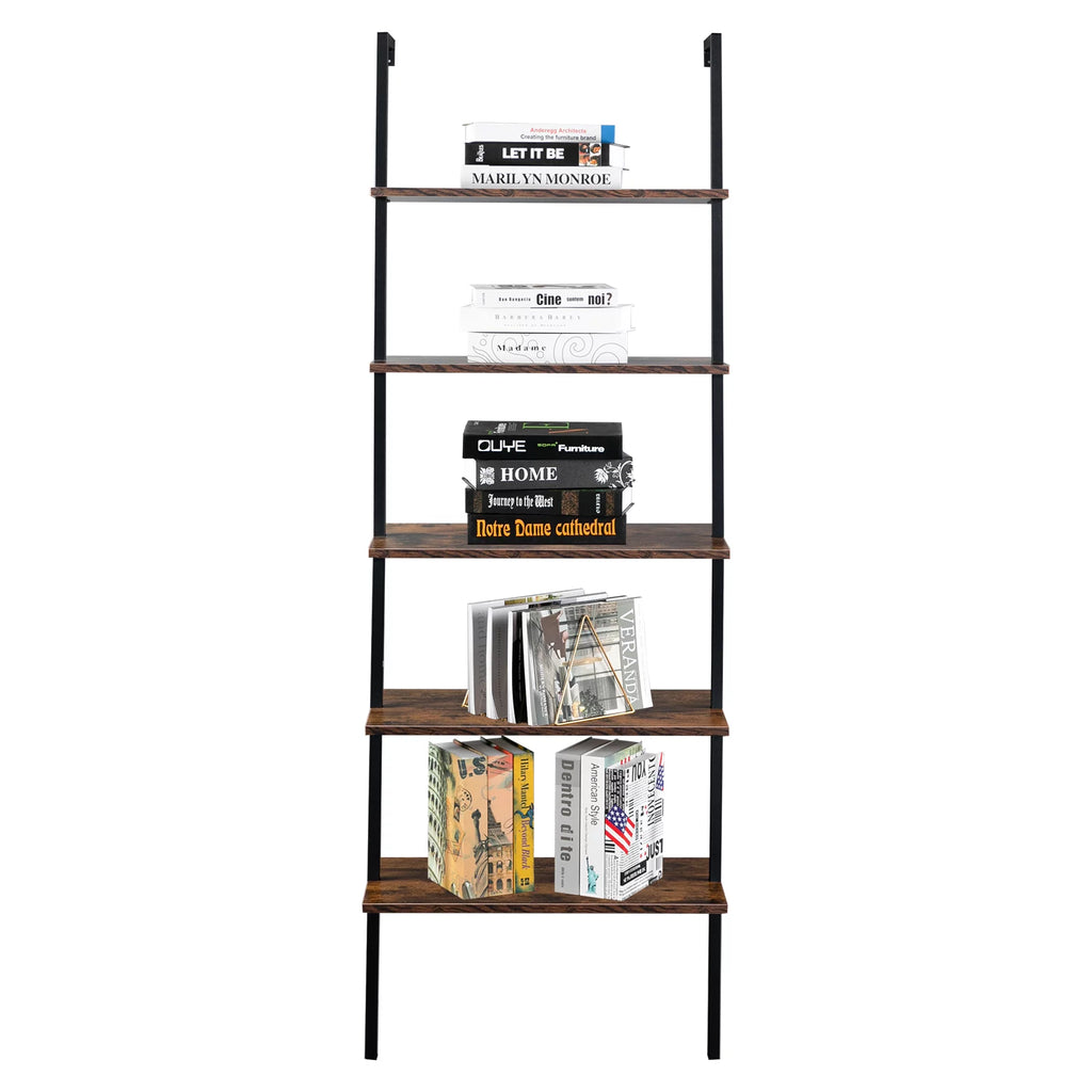 5 Tier Wall Mounted Ladder Shelf with Metal Frame and Wood Shelf Y195721