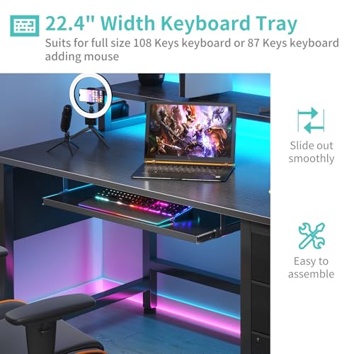 Rustic Brown Computer Desk with File Drawers Cabinet, Keyboard Tray, LED Lights and Power Outlets, Monitor Stand D856