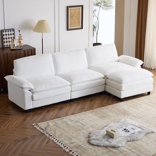White Corduroy Modular Sectional Sofa with Ottoman S3650