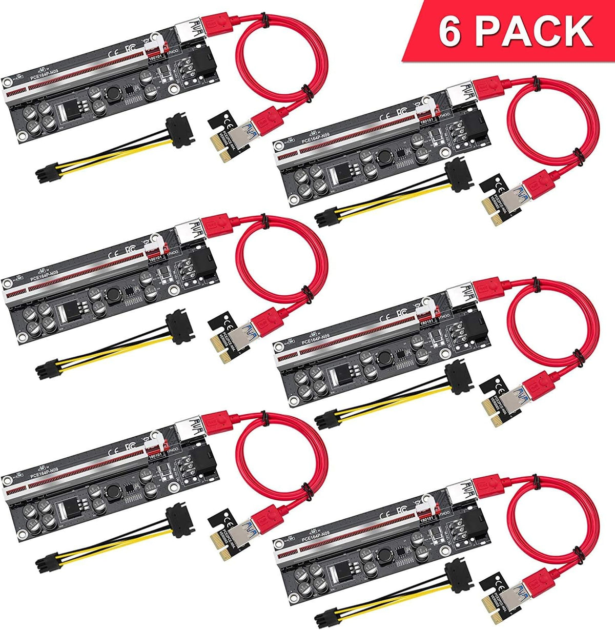 PCIE Riser 1X to 16X Graphics Extension Adapter Card, 8 Capacitors, 60cm USB 3.0 Cable, 6PIN Power Option, 6-Pack D4725