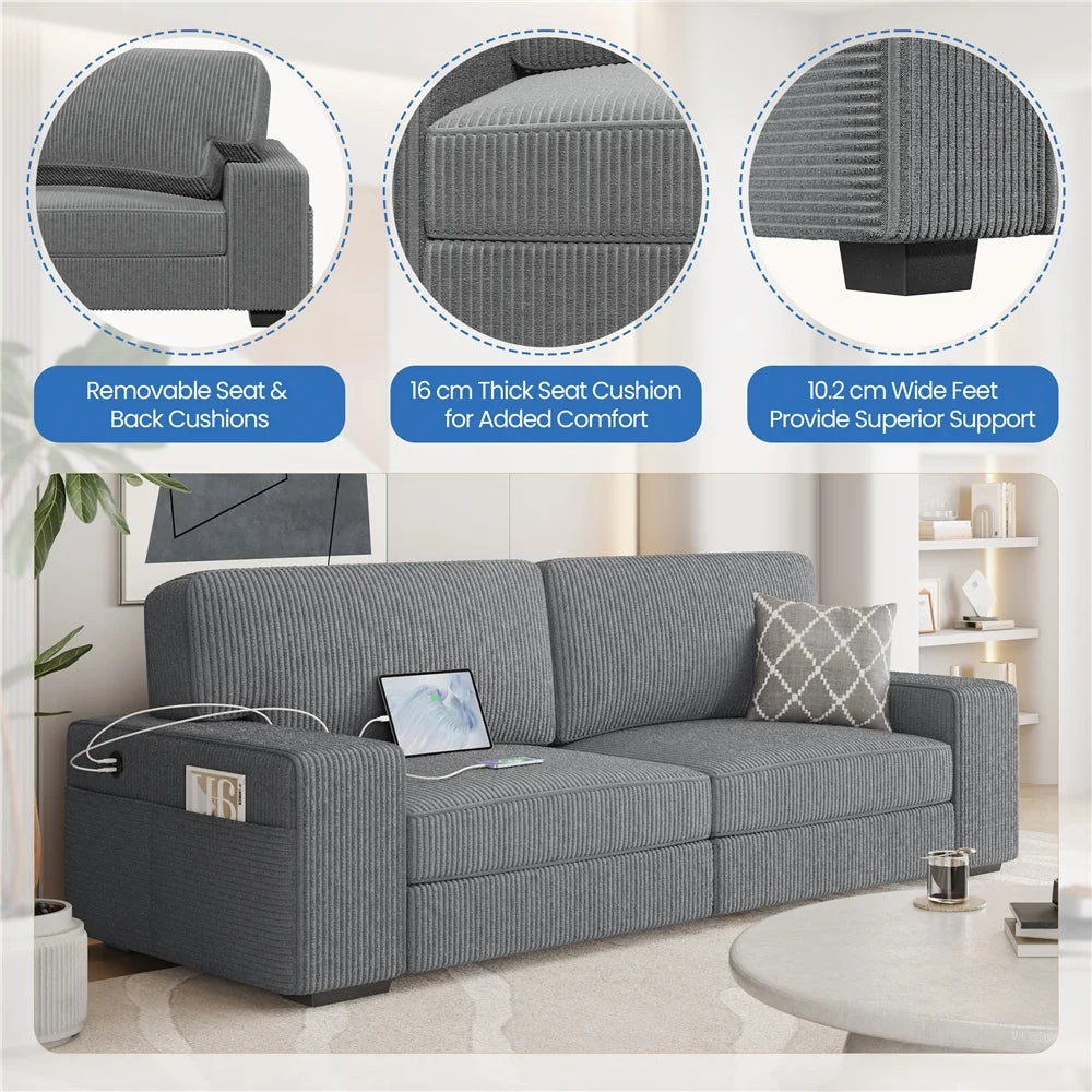 83.5'' W 2-Seater Corduroy Fabric Sofa Couch with USB Charging Ports, Ivory T301381