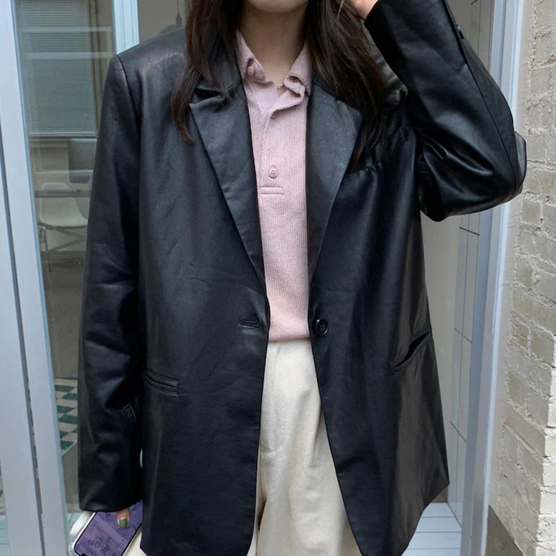 Recycled Vegan Leather One Button Blazer Jacket Z8103