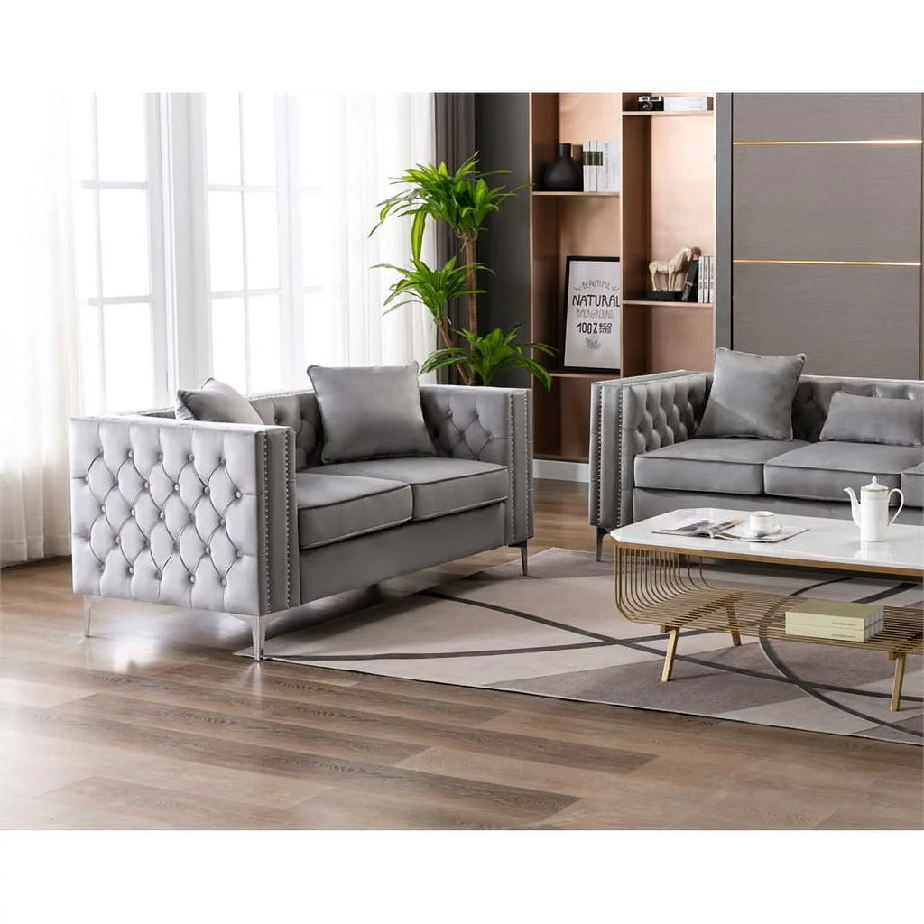 Velvet Sofa Set with Loveseat and Sofa in Gray T688