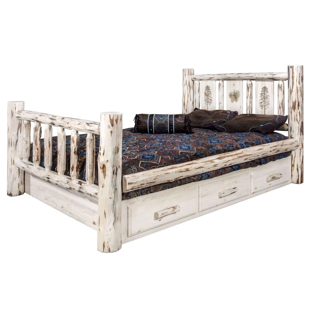 Wood Twin Storage Bed with Laser Engraved Pine in Natural J46731